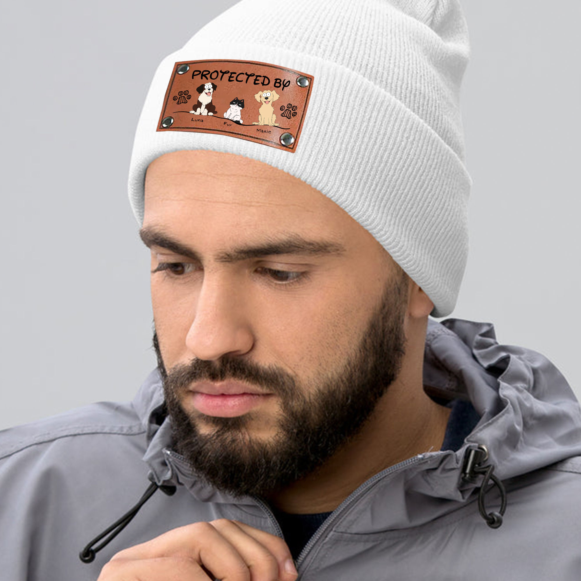Beanie Custom Leather Patch - Protected By Cats & Dogs (P