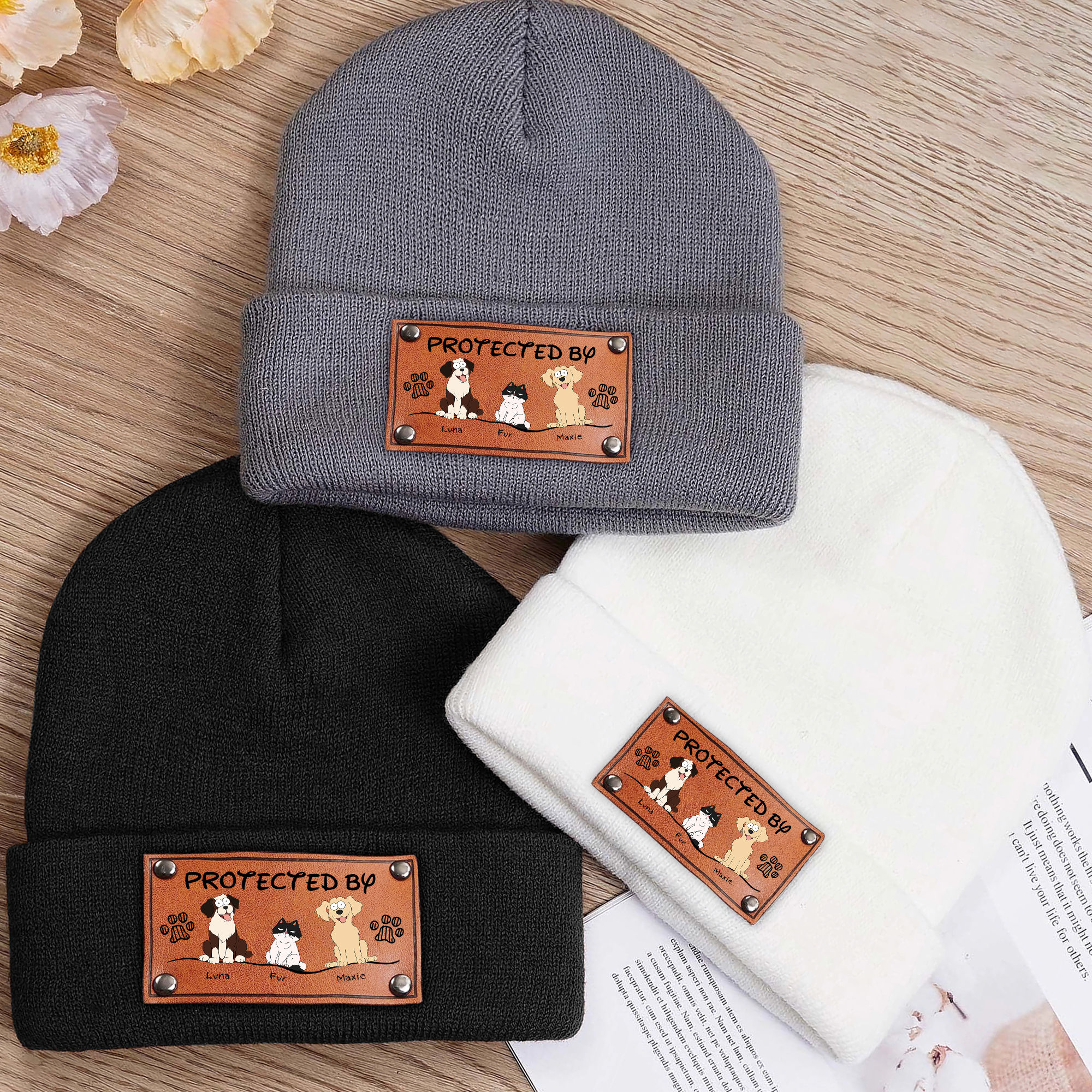 Beanie Custom Leather Patch - Protected By Cats & Dogs (P