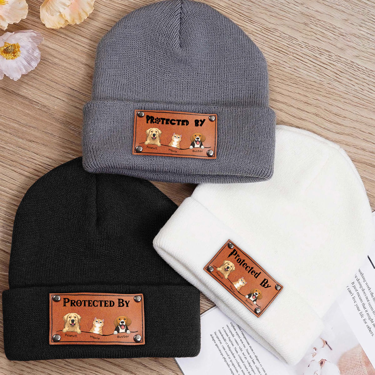 Beanie Custom Leather Patch - Protected By Cats & Dogs (P)_1