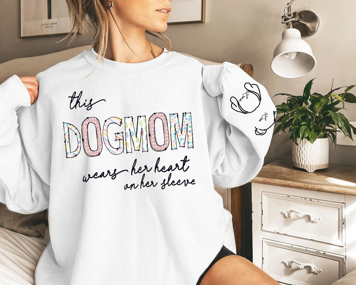 Personalized Dog Print Sleeve Sweatshirt - This DOGMOM wears her heart on her sleeve - Gift For Mom