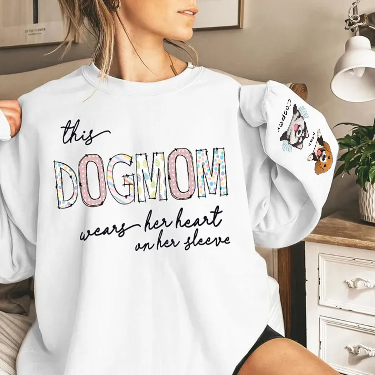 Sweatshirt - Personalized Dog Print Sleeve Sweatshirt - This DOGMOM wears her heart on her sleeve 2024_1