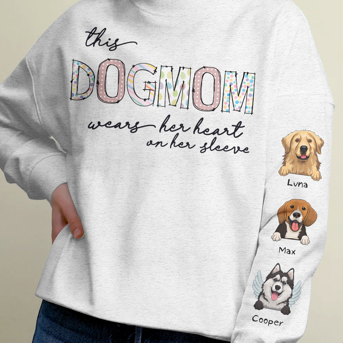 Sweatshirt - Personalized Dog Print Sleeve Sweatshirt - This DOGMOM wears her heart on her sleeve 2024_2