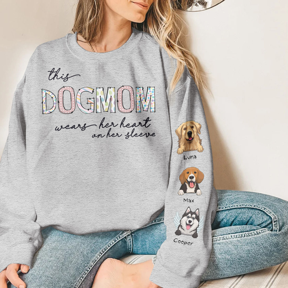 Sweatshirt - Personalized Dog Print Sleeve Sweatshirt - This DOGMOM wears her heart on her sleeve 2024_5