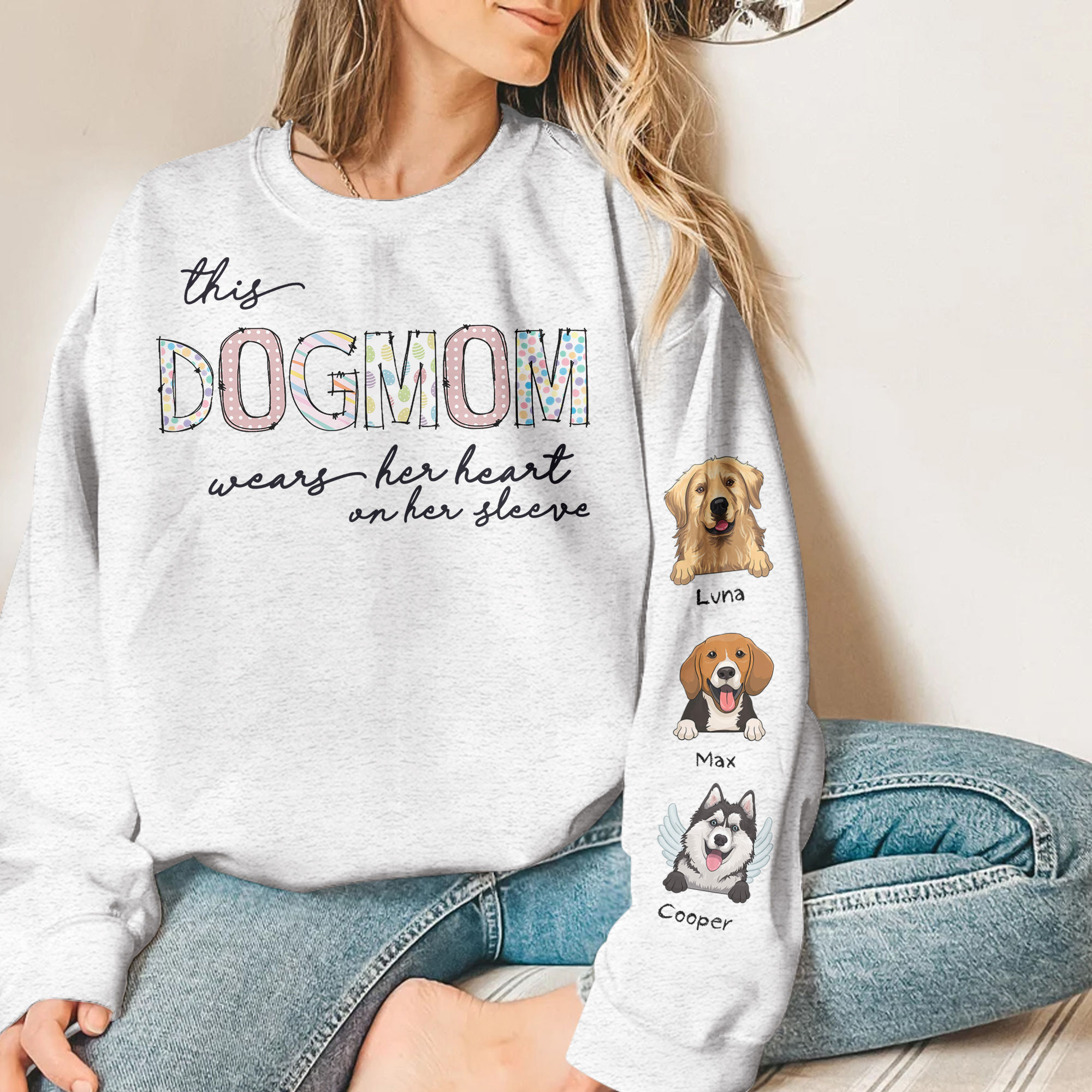 Sweatshirt - Personalized Dog Print Sleeve Sweatshirt - This DOGMOM wears  her heart on her sleeve 2023