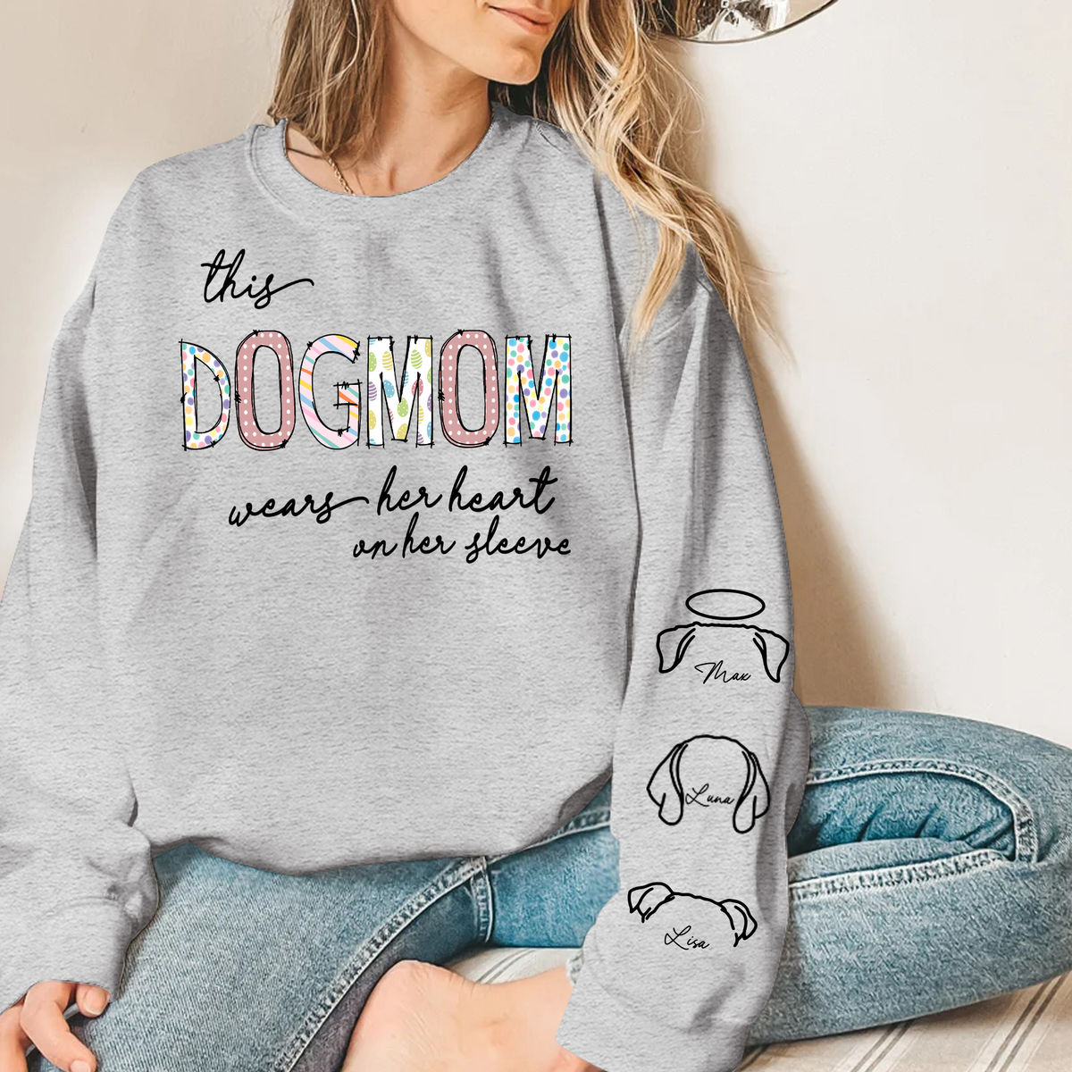 Personalized Dog Print Sleeve Sweatshirt - This DOGMOM wears her heart on her sleeve - 3