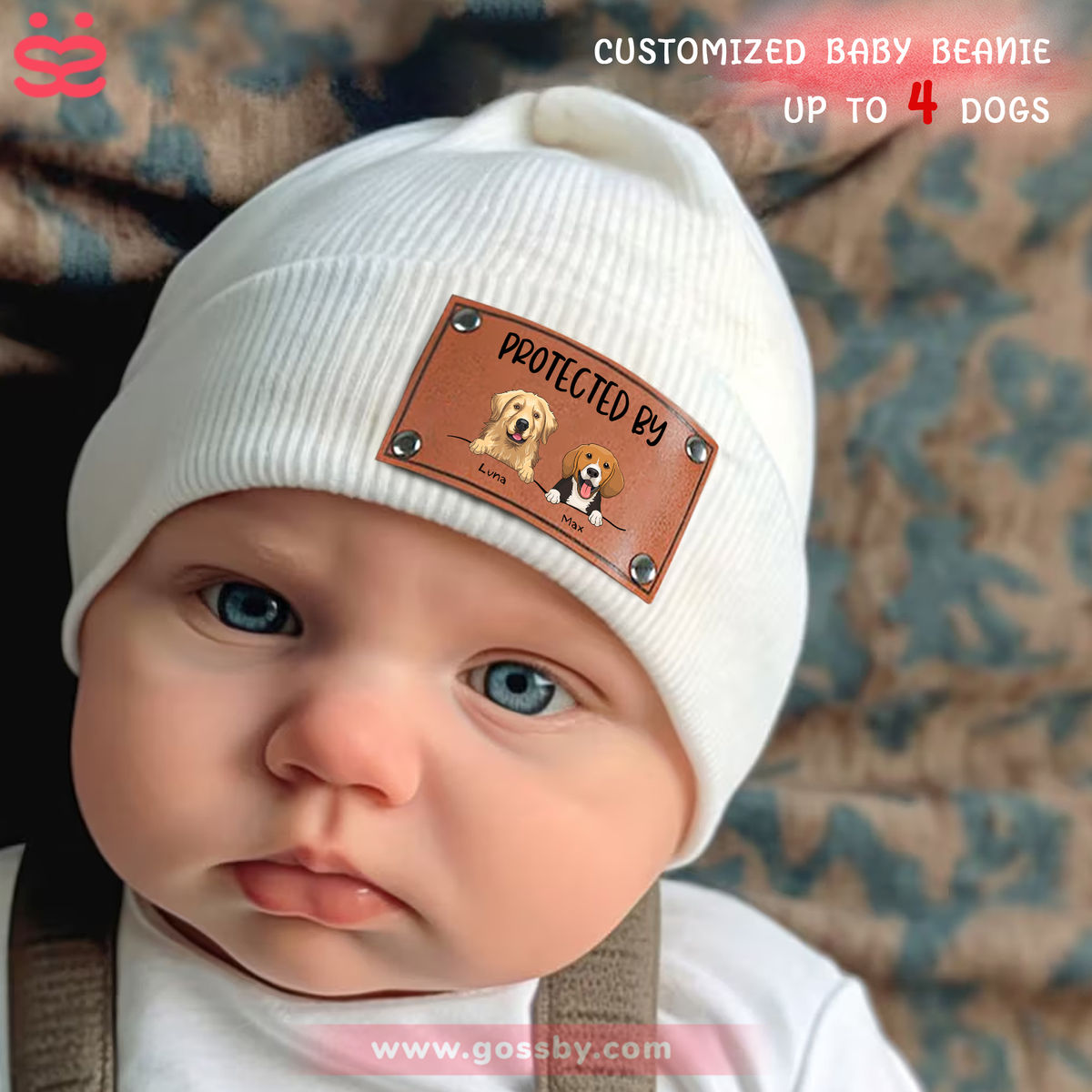 Custom Baby Beanie - Protected By Dogs - Cute Baby Shower Gift (M1) - Christmas Gift For Baby, Kid, Infant, Toddler, Grandkid