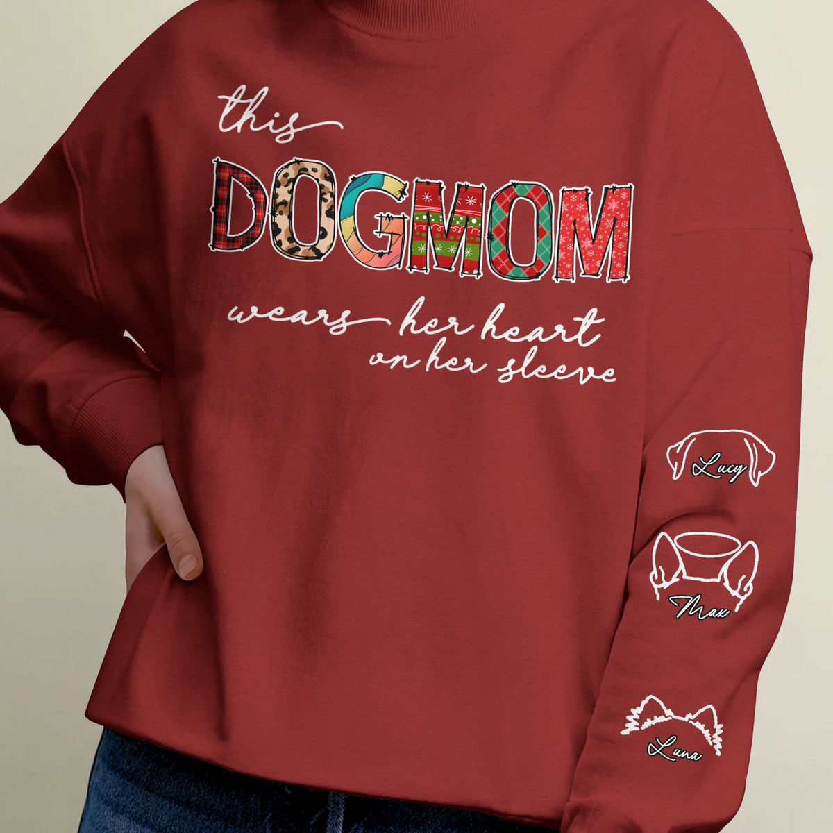 Sweatshirt - Personalized Dog Print Sleeve Sweatshirt - This DOGMOM wears her heart on her sleeve - Christmas 2024_1