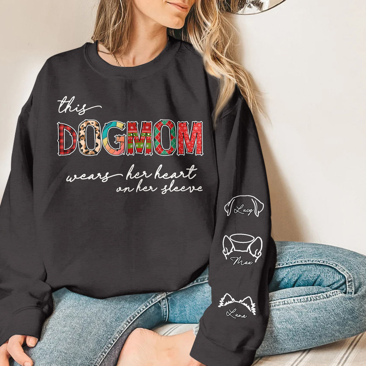 Sweatshirt - Personalized Dog Print Sleeve Sweatshirt - This DOGMOM wears her heart on her sleeve - Christmas 2024_2