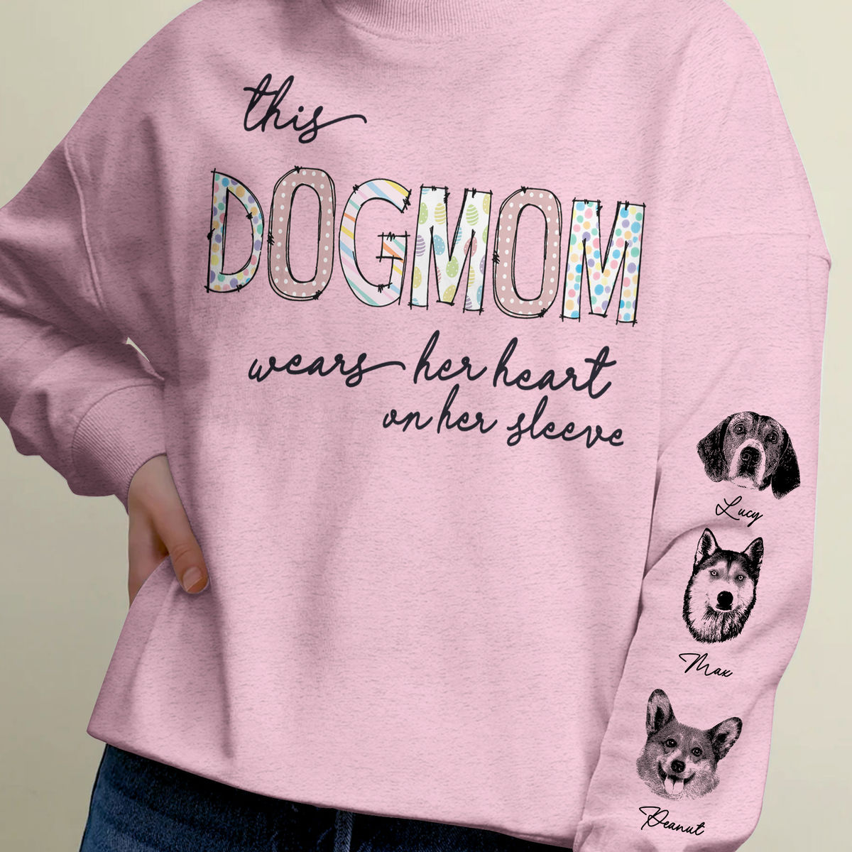 Sweatshirt - Personalized Dog Print Sleeve Sweatshirt - This DOGMOM wears her heart on her sleeve (Light Pink)_1