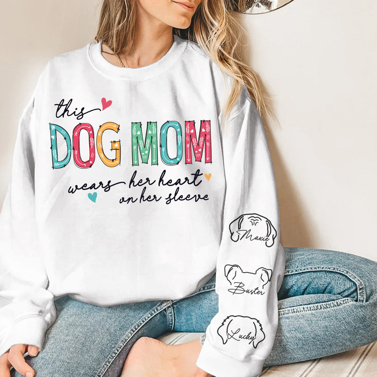 Sweatshirt - Custom Dog Ears Line Art Sweatshirt - This DOGMOM wears her heart on her sleeve (WP)_1