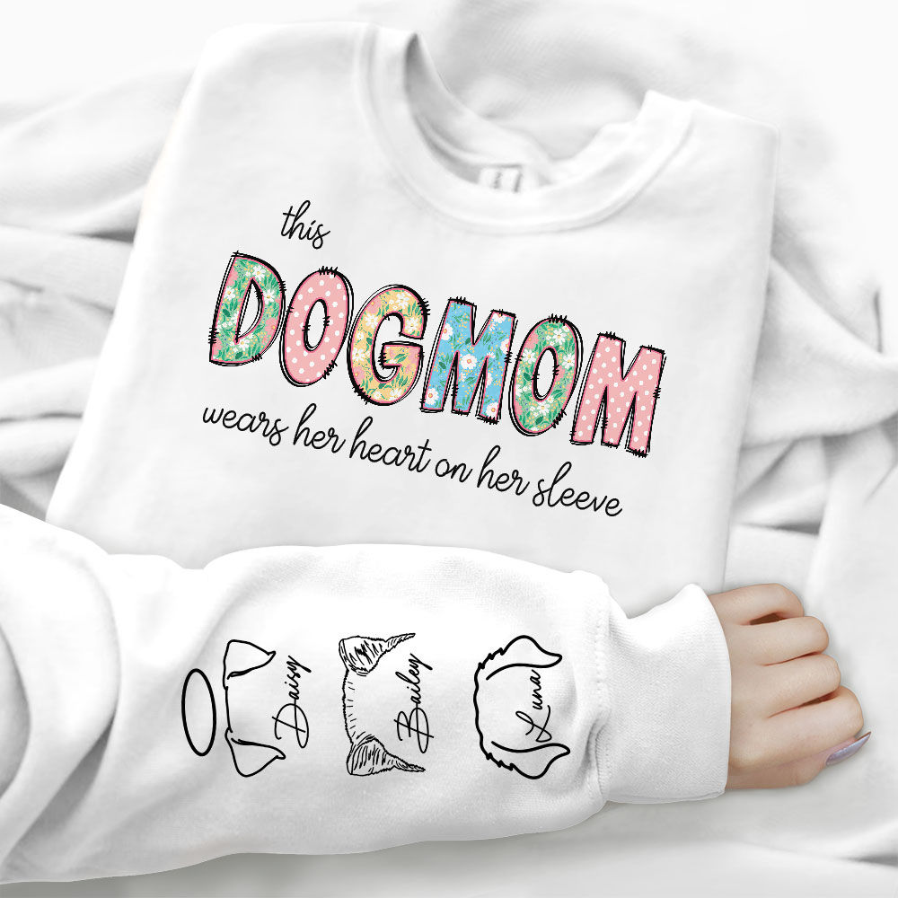 Personalized Sweatshirt - Dog Print Sleeve - This DOGMOM wears her heart on her sleeve (Flowers)_2