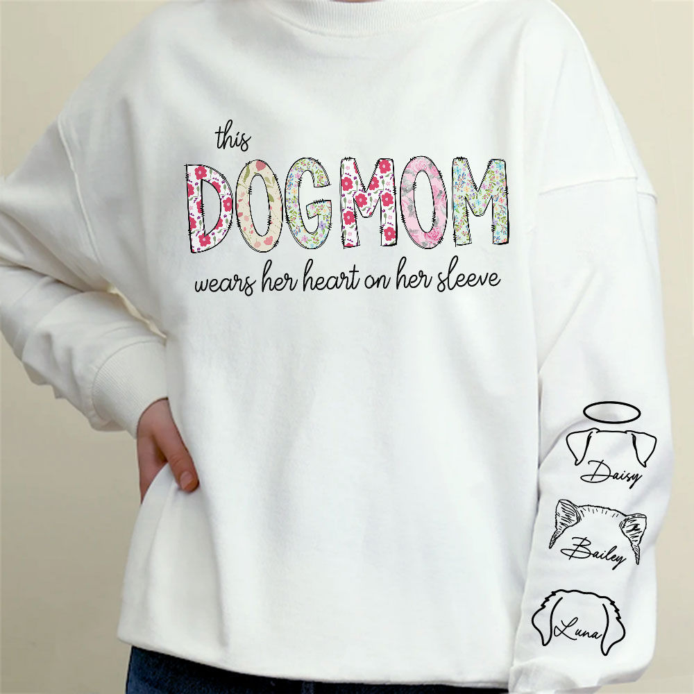 Personalized Sweatshirt - Dog Print Sleeve - This DOGMOM wears her heart on her sleeve (Flowers)_3