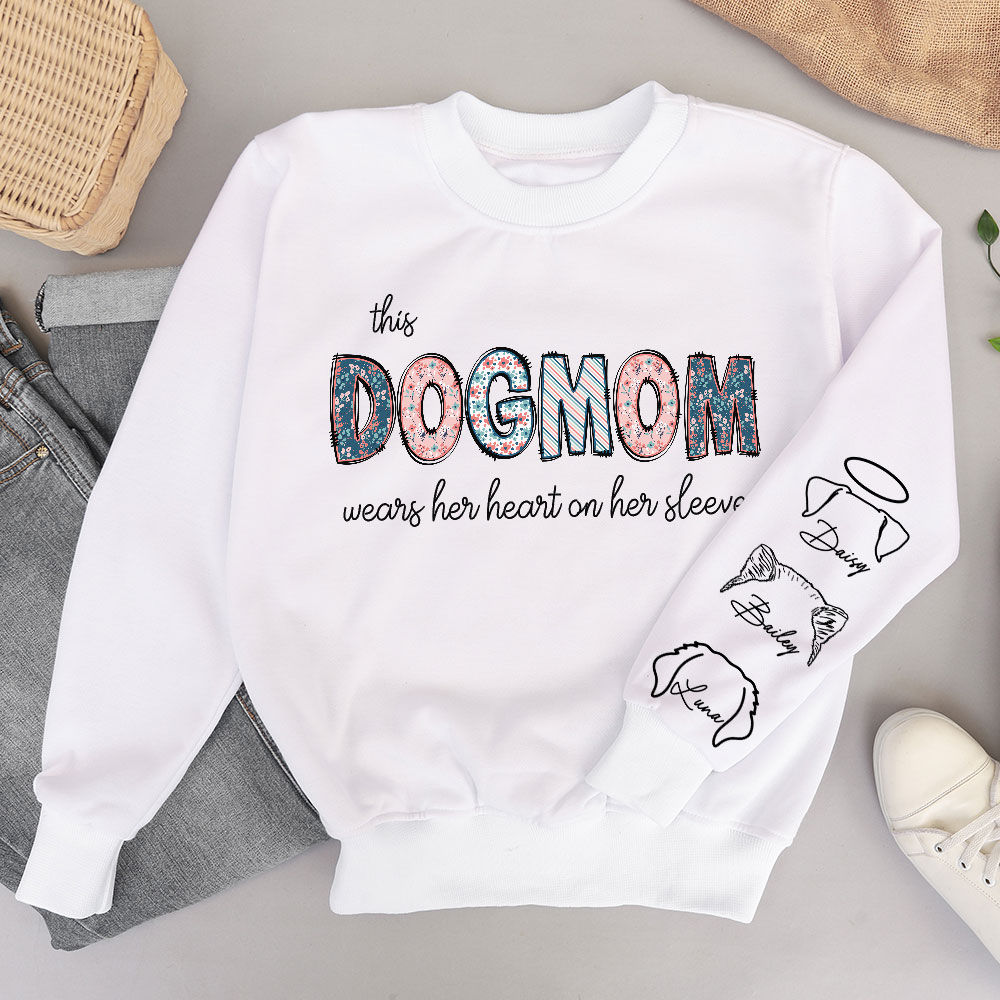 Dog Mom Sweatshirt - Dog Print Sleeve - This DOGMOM wears her heart on her sleeve (Flowers) Gift For Mom_1