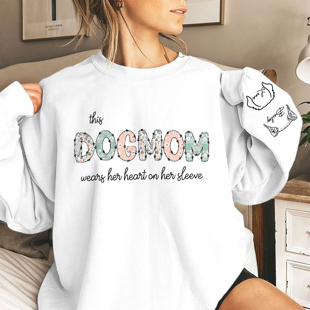 Personalized Sweatshirt - Dog Print Sleeve - This DOGMOM wears her heart on her sleeve (Flowers)