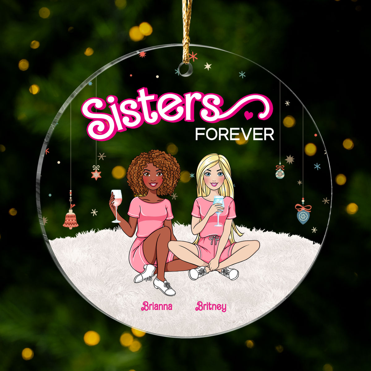 Circle Acrylic Ornament - Pink Doll Friend - Besties Forever - Christmas Gift For Friends, Sister, Besties_4