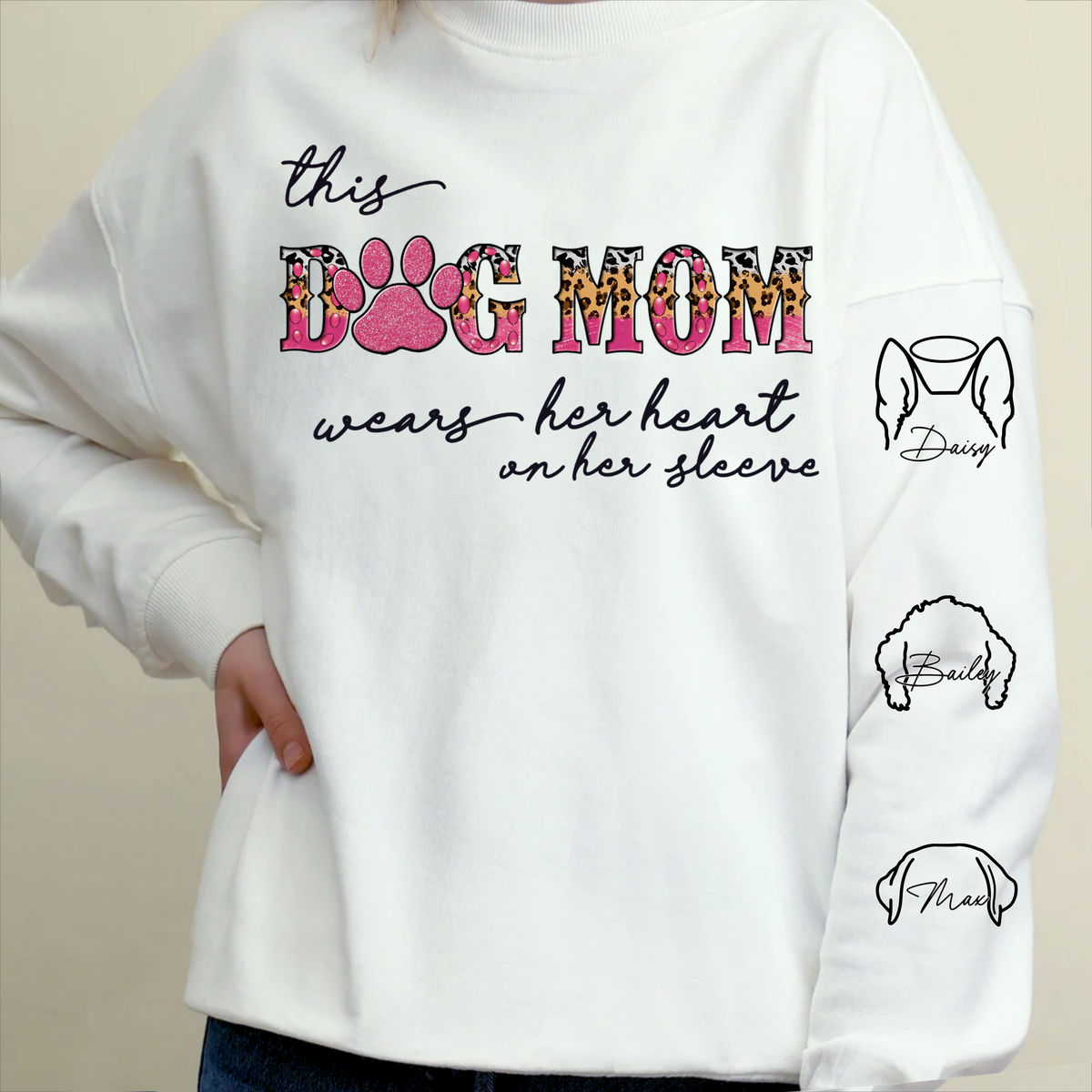 Sweatshirt - Personalized Dog Print Sleeve Sweatshirt - This DOGMOM wears her heart on her sleeve (35265)_1