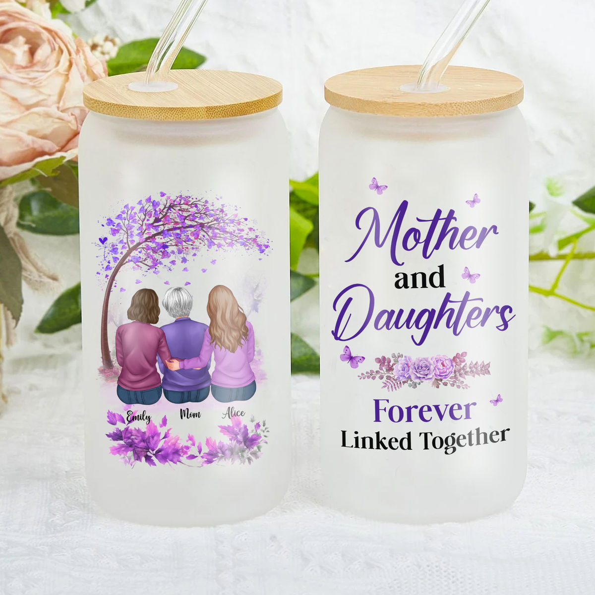 Mother & Daughter - Glass Tumbler -  Mother and Daughters forever linked together_1