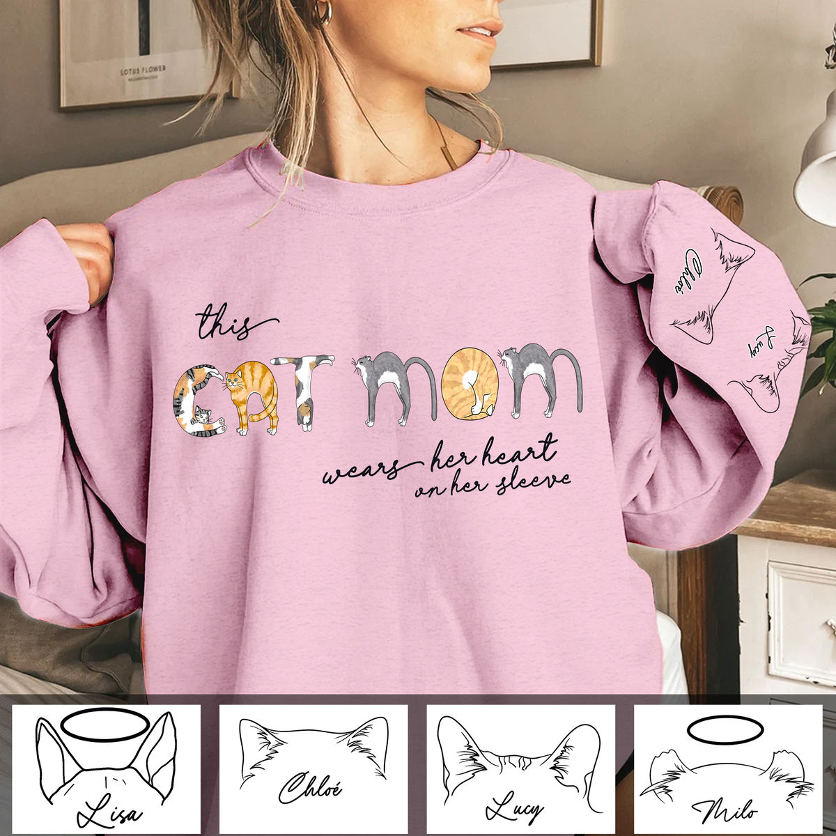 Sweatshirt - Personalized Cat Print Sleeve Sweatshirt - This CATMOM wears her heart on her sleeve