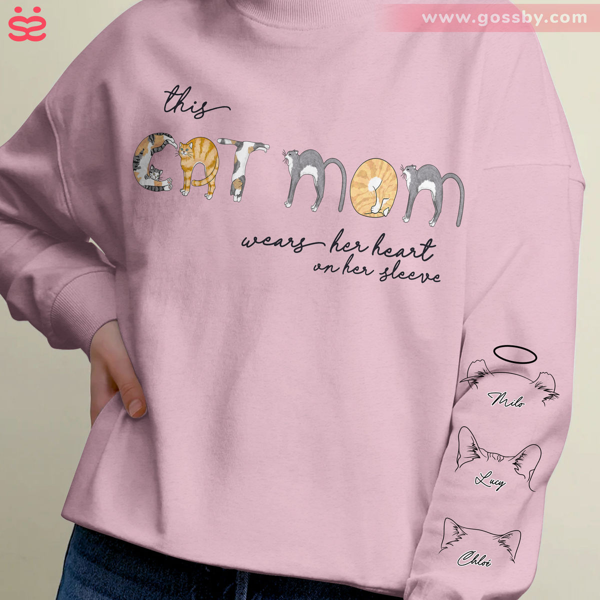 Sweatshirt - Personalized Cat Print Sleeve Sweatshirt - This CATMOM wears her heart on her sleeve_3