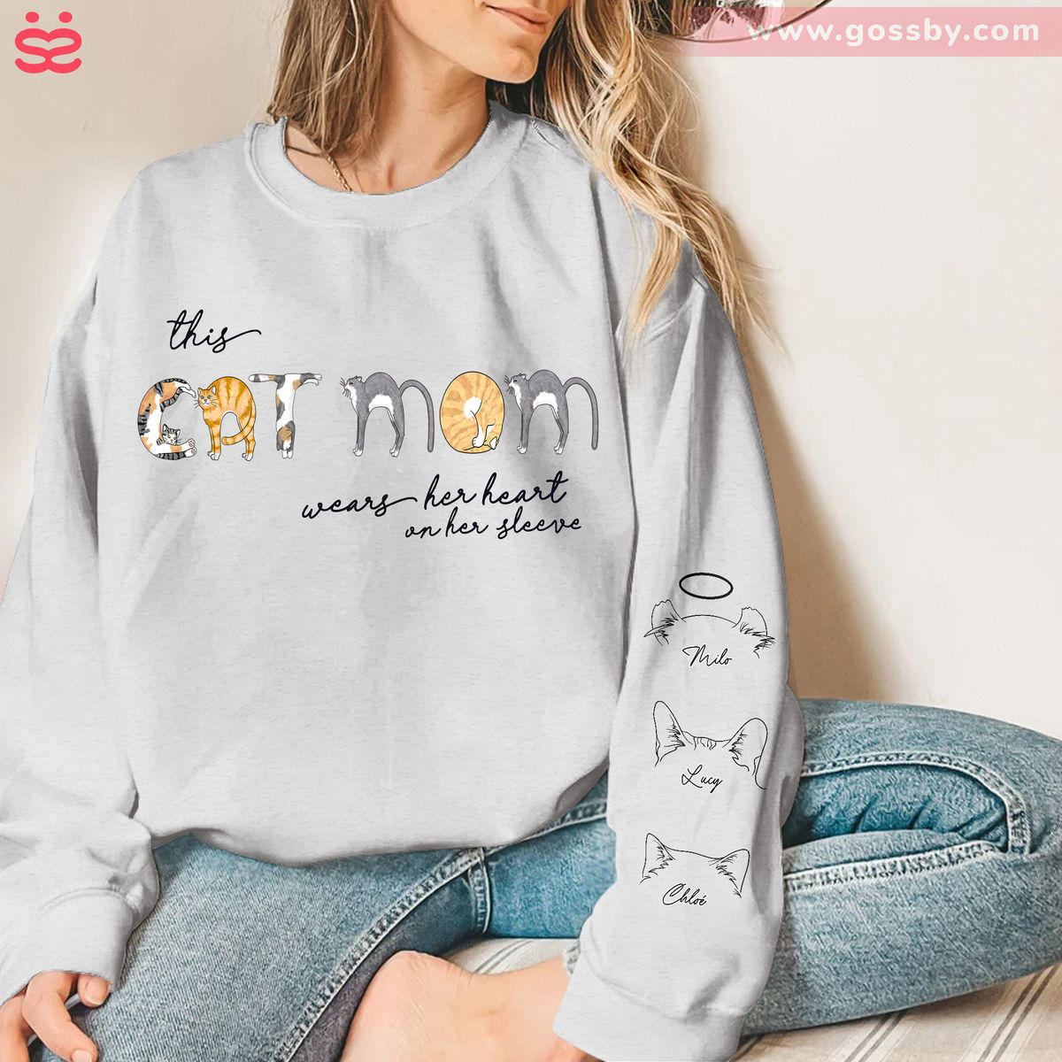Sweatshirt - Personalized Cat Print Sleeve Sweatshirt - This CATMOM wears her heart on her sleeve_5