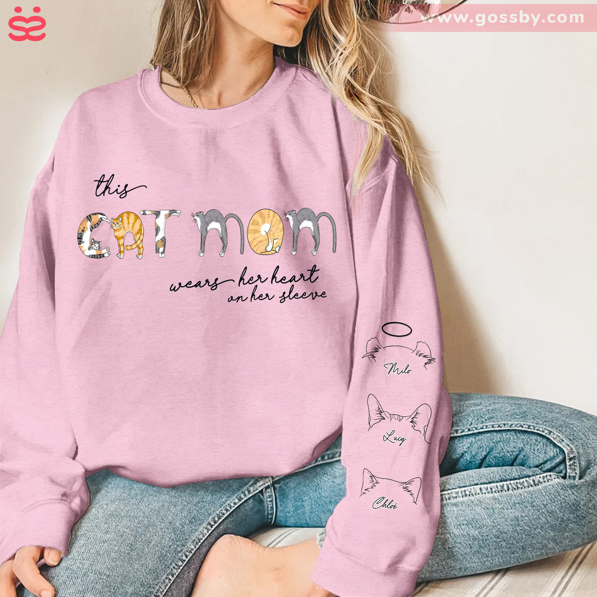 Sweatshirt - Personalized Cat Print Sleeve Sweatshirt - This CATMOM wears her heart on her sleeve_1