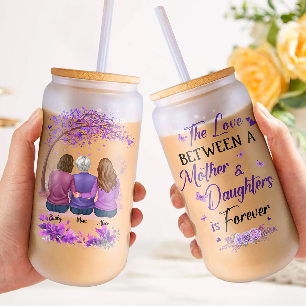 Mother & Daughter - Glass Tumbler - The love between a mother and Daughters is forever_2