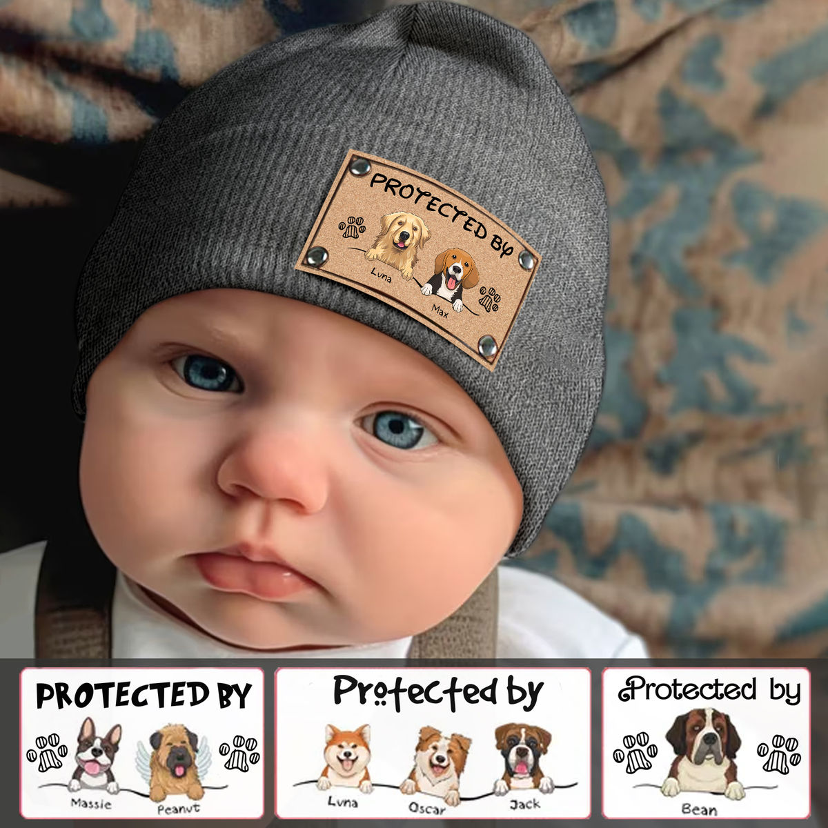 Custom Baby Beanie - Protected by (DCork) - Christmas Gift For Baby, Kid, Infant, Toddler, Grandkid, Baby Shower Gifts