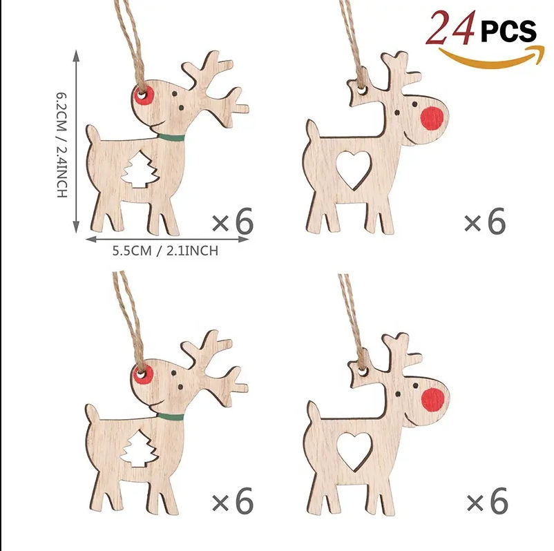 Set of 24 PCS - Reindeer Wooden Xmas Tree Hanging Pendants