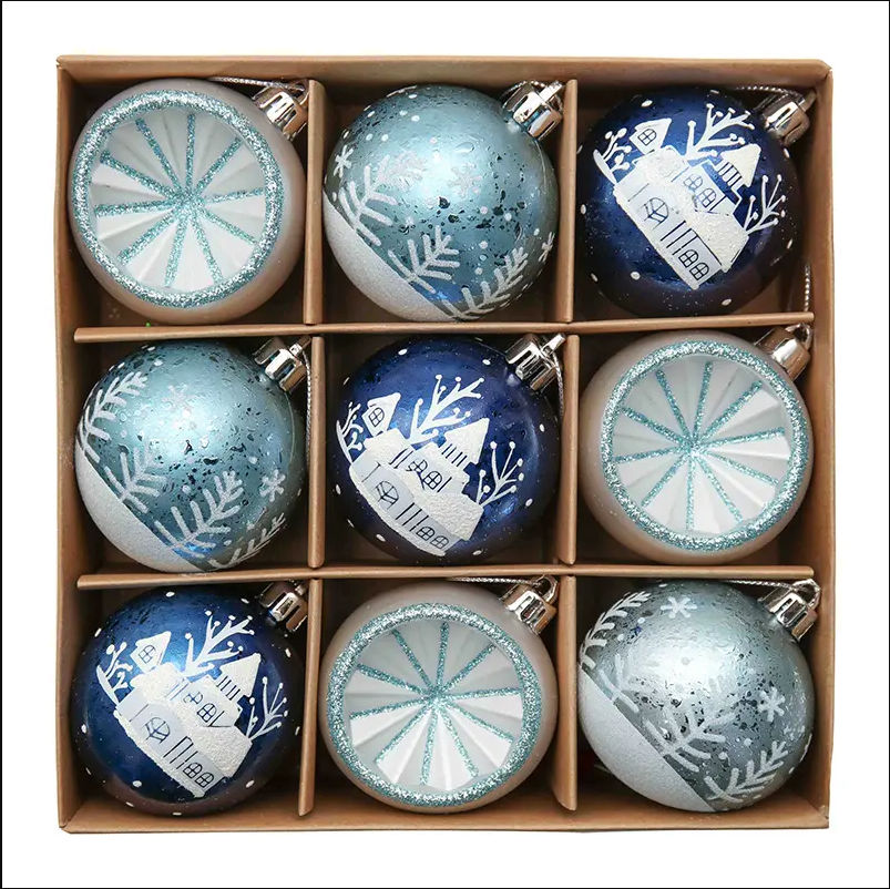 Set of 9 ball - Plastic Xmas Tree Balls - Blue Clear Shatterproof Christmas Ornaments
