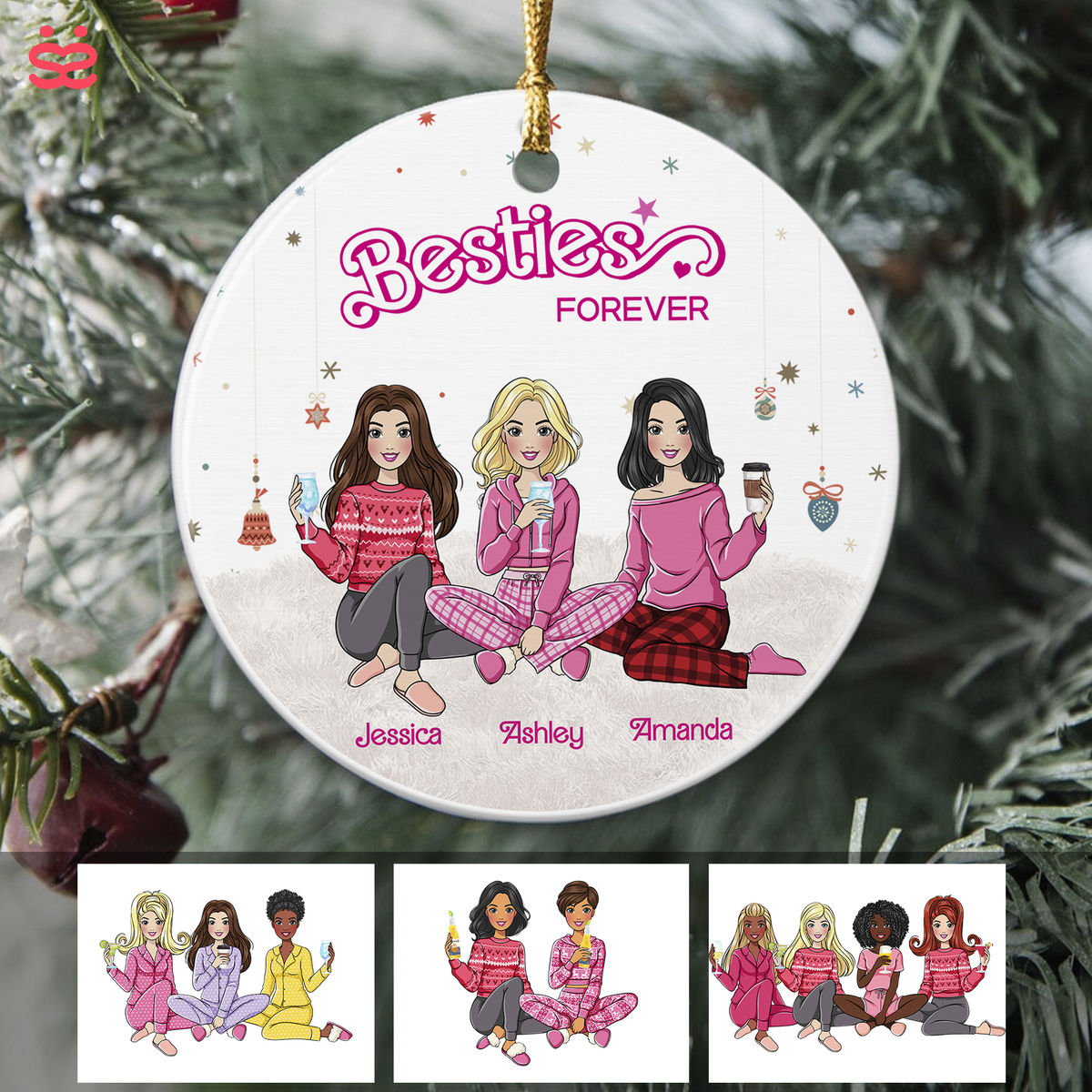 Pink Dolls - Besties Forever (AC2) - Personalized Circle Ornament - Christmas Gift_1