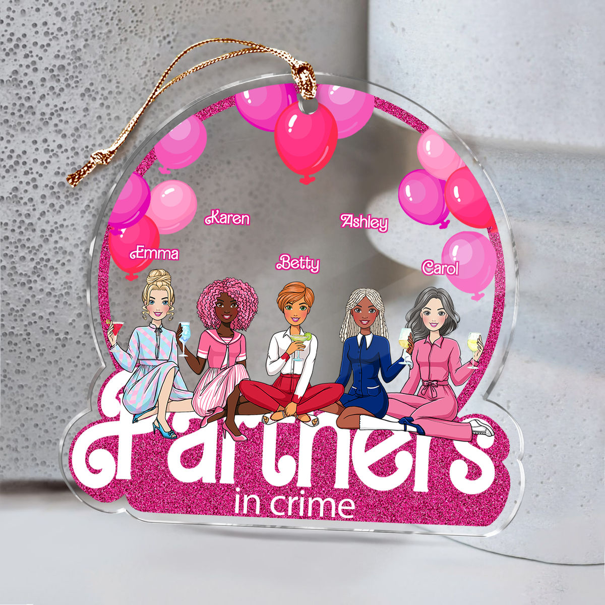 Personalized Pink Acrylic Friends Ornament - Partners In Crime - Playful Friendship Keepsake (v2)_1