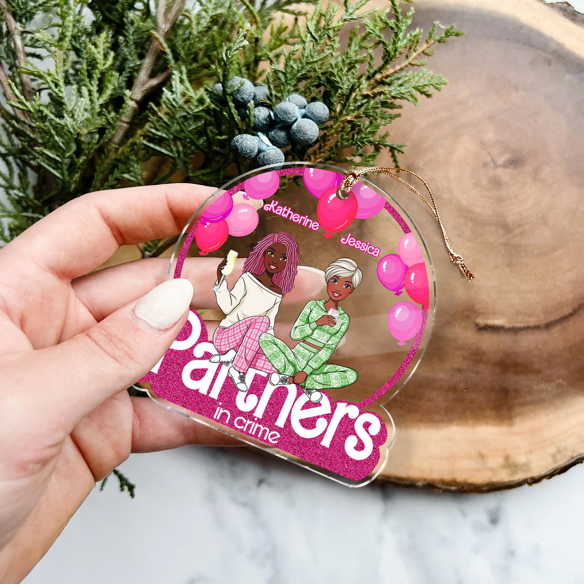 Personalized Pink Acrylic Friends Ornament - Partners In Crime - Playful Friendship Keepsake (v2)_2