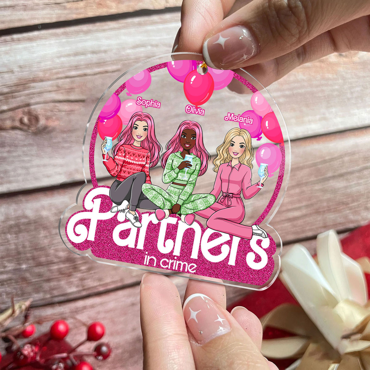 Personalized Pink Acrylic Friends Ornament - Partners In Crime - Playful Friendship Keepsake (v2)_4