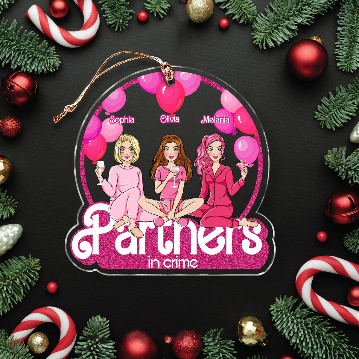 Personalized Pink Acrylic Friends Ornament - Partners In Crime - Playful Friendship Keepsake (v2)_5