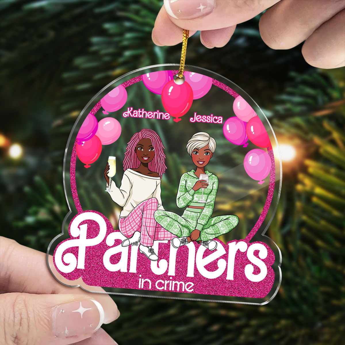 Personalized Pink Acrylic Friends Ornament - Partners In Crime - Playful Friendship Keepsake (v2)_6