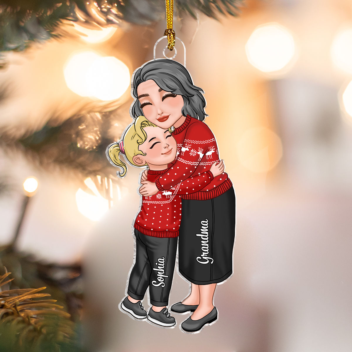 Transparent Ornament - Grandma & Grandkid Hugging Christmas Gift For Granddaughter Grandson Personalized_3