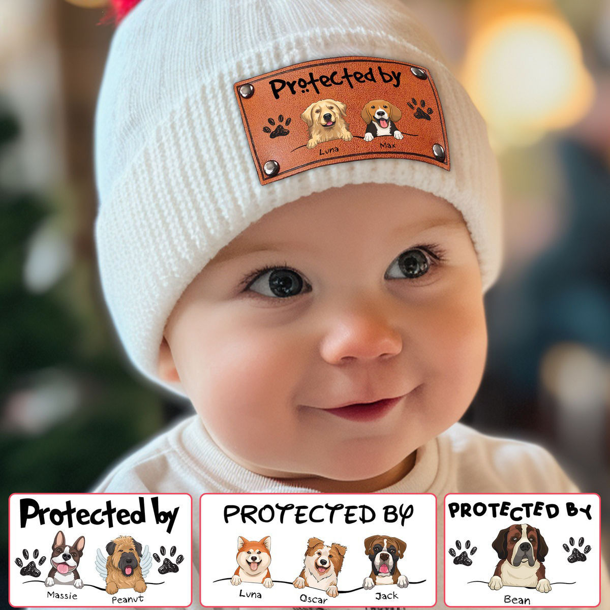 Custom Baby Beanie - Protected By Dog - Christmas Gift Baby (56566) - Birthday, Winter, Christmas Gift For Baby, Baby Shower Gifts