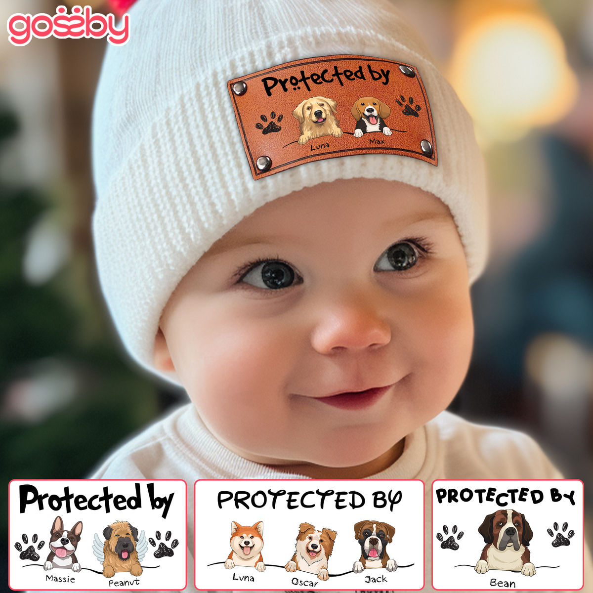 Custom Baby Beanie - Protected By Dog - Gift for Baby (56569) - Birthday, Winter, Christmas Gift For Baby, Kid, Toddler, Baby Shower Gifts - Personalized Beanie