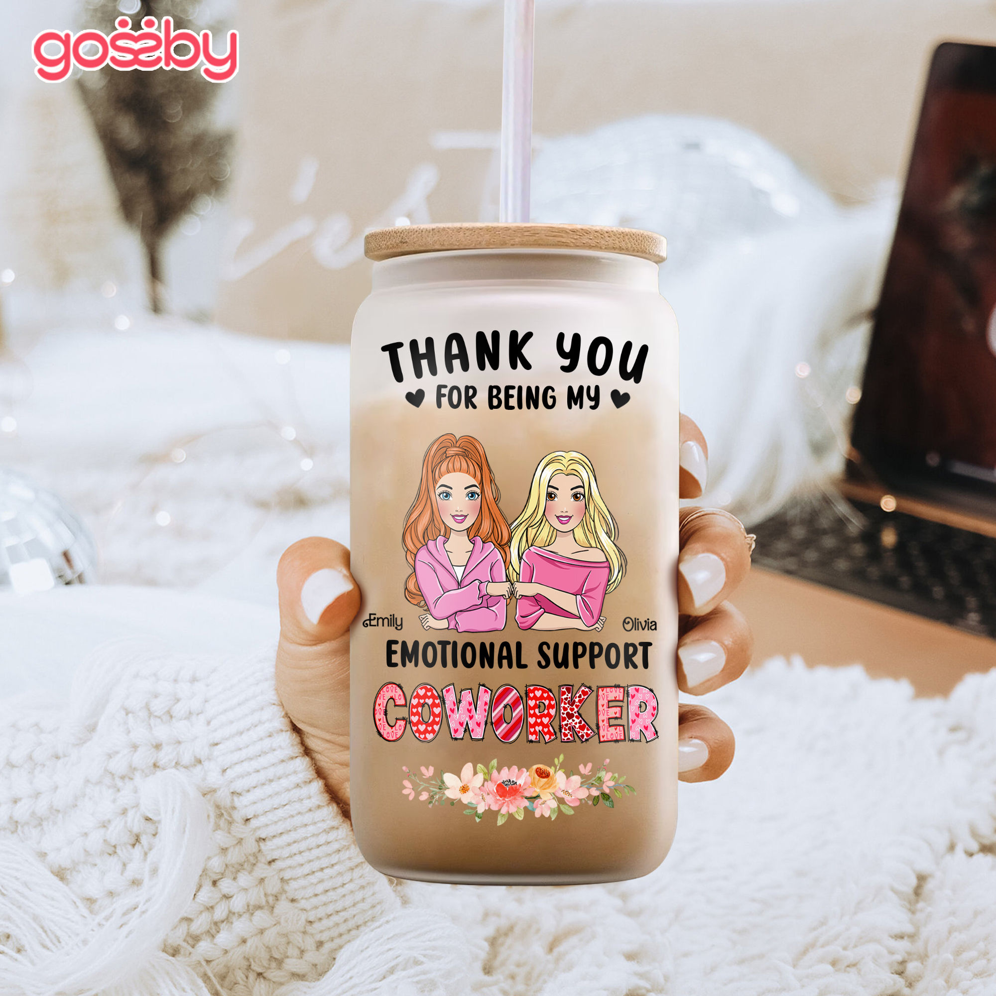 Glass tumbler - Thank you for being my emotional support coworker - Bestie  Personalized Custom Glass tumbler - Gift For Best Friends, BFF, Sisters,  Coworkers