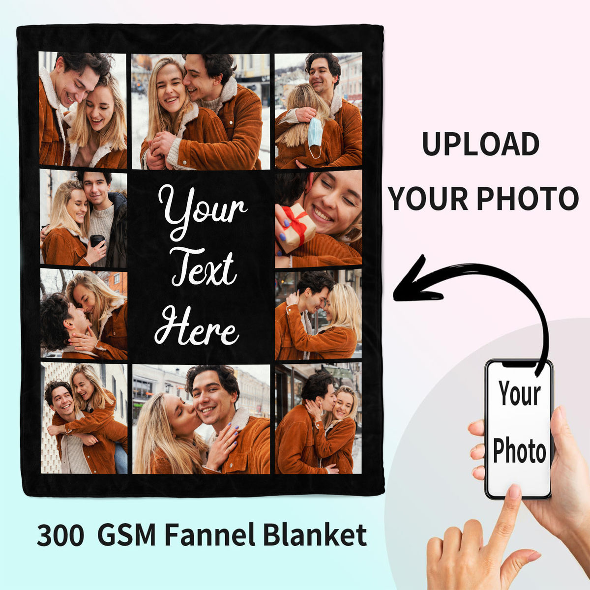 Photo Blanket - Photo Upload Blanket With Custom Text - Personalized Photo Fleece Blanket