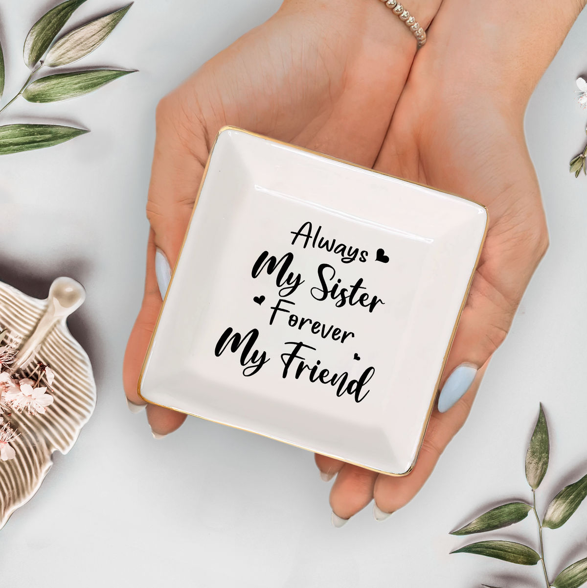 Jewelry Tray - Birthday Gift for Her, Gift for Sister Friend Bestie, Wedding Gifts For Bride, Bridesmaid - Always my Sister Forever my Friend_3