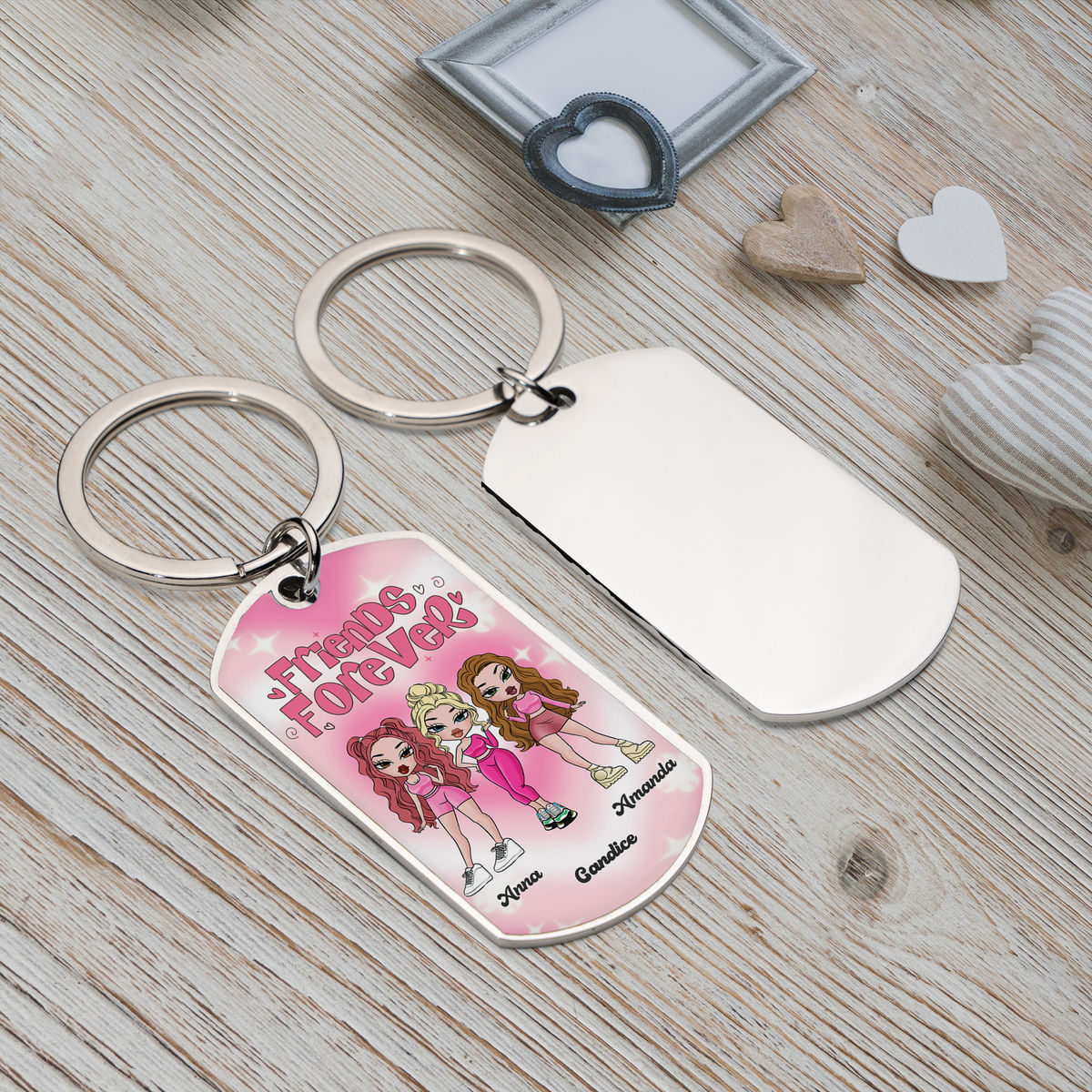 Personalized Keychain - Personalized Stainless Steel Keychain - You and Your Friends As Cute Dolls - Friends Forever_2