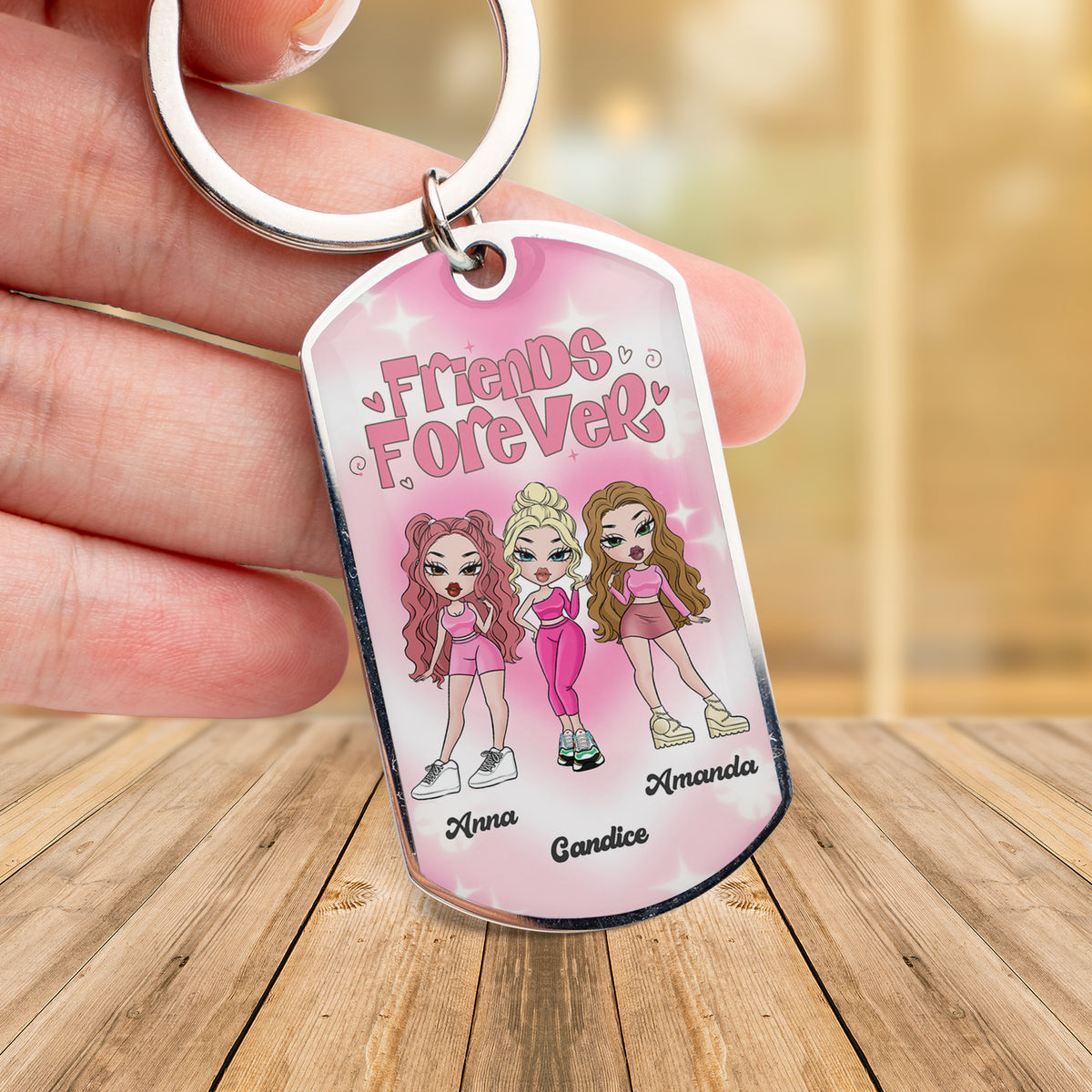 Personalized Keychain - Personalized Stainless Steel Keychain - You and Your Friends As Cute Dolls - Friends Forever
