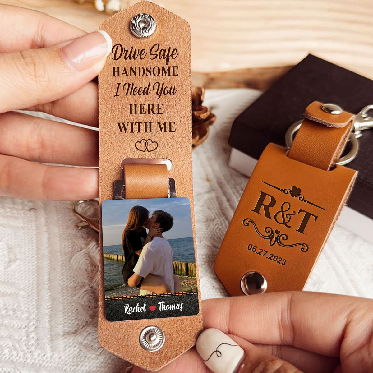 Gift For Couples - Custom Leather Keychain - Drive save handsome, I need you here with me - Personalized Photo Keychain_2