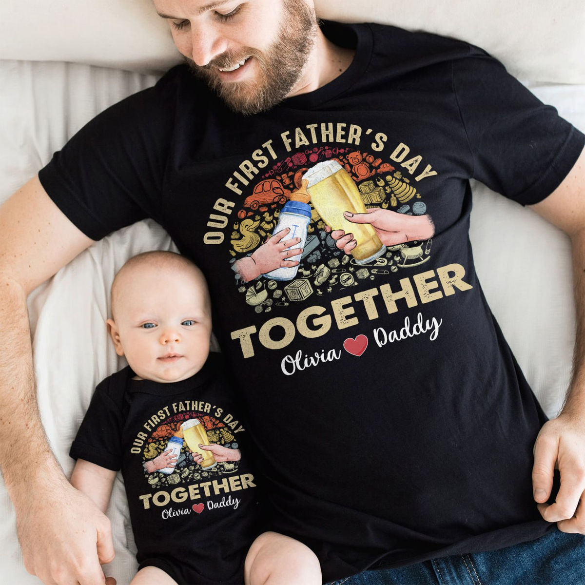 Personalized Shirt - First Father's Day - Our First Father's Day Matching Outfit (Onesie and TShirt Set)