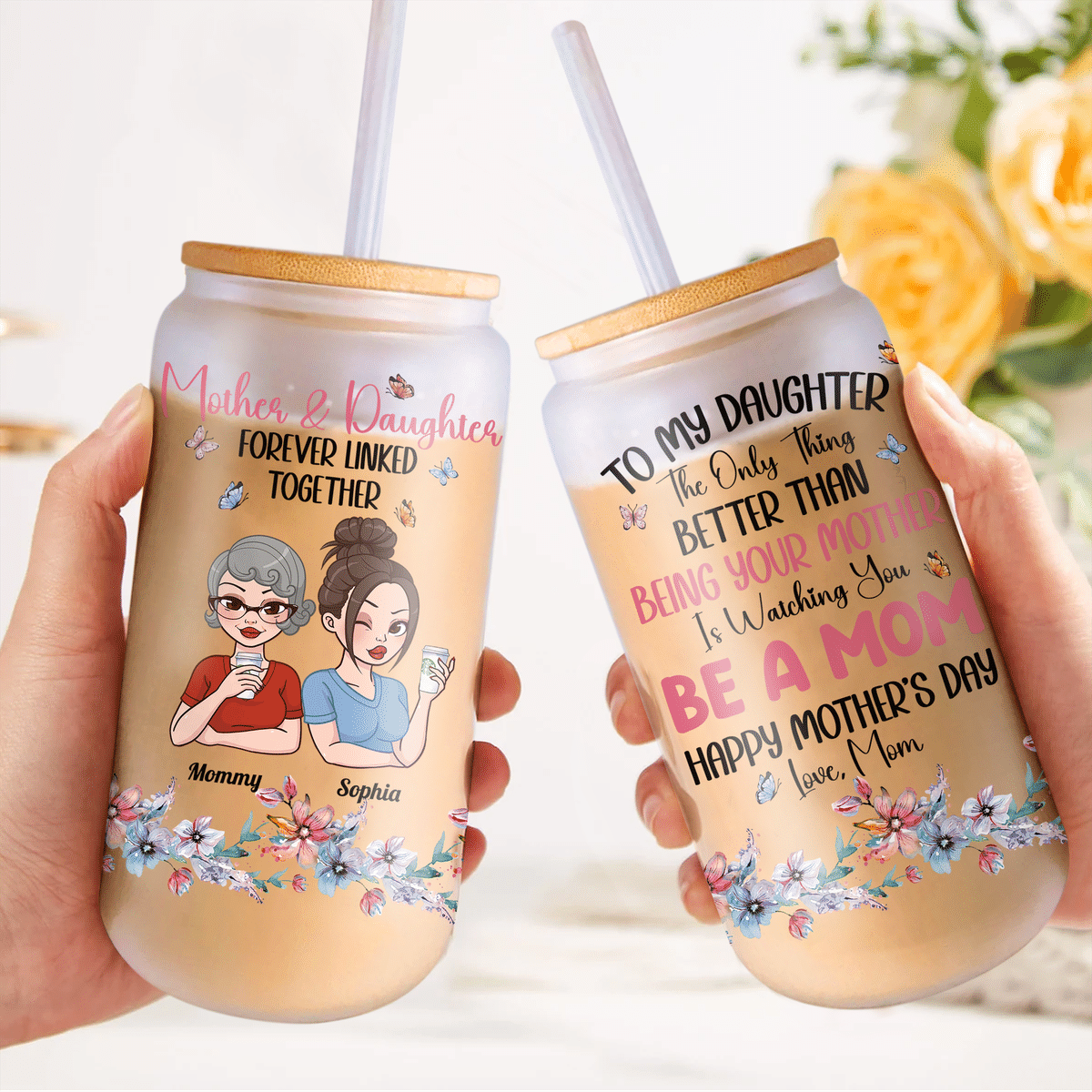 Mother's Day Gift from Mom - Custom Glass Can - To My Daughter Happy Mother's Day - Mother And Daughter Forever Linked Together (pu) - Personalized Tumbler_2