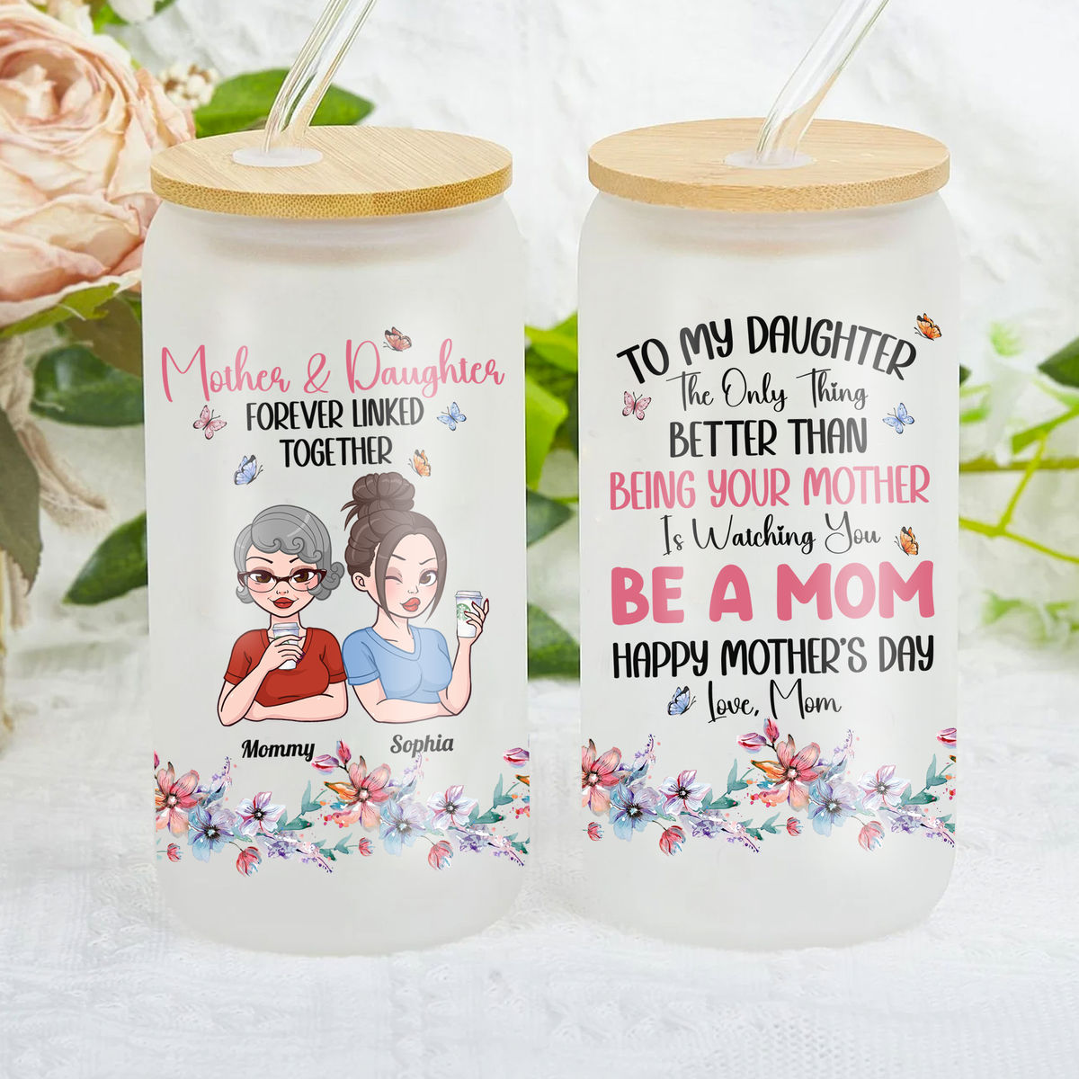 Mother's Day Gift from Mom - Custom Glass Can - To My Daughter Happy Mother's Day - Mother And Daughter Forever Linked Together (pu) - Personalized Tumbler_1