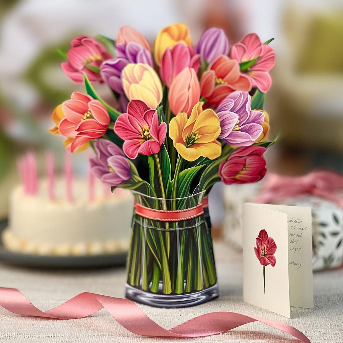 Paper Pop Up Cards, Festive Tulips, 12 Inch Life Sized Forever Flower Bouquet 3D Popup Greeting Cards, Mother's Day Gifts, Birthday Gift Cards, Gifts for Her with Note Card & Envelope