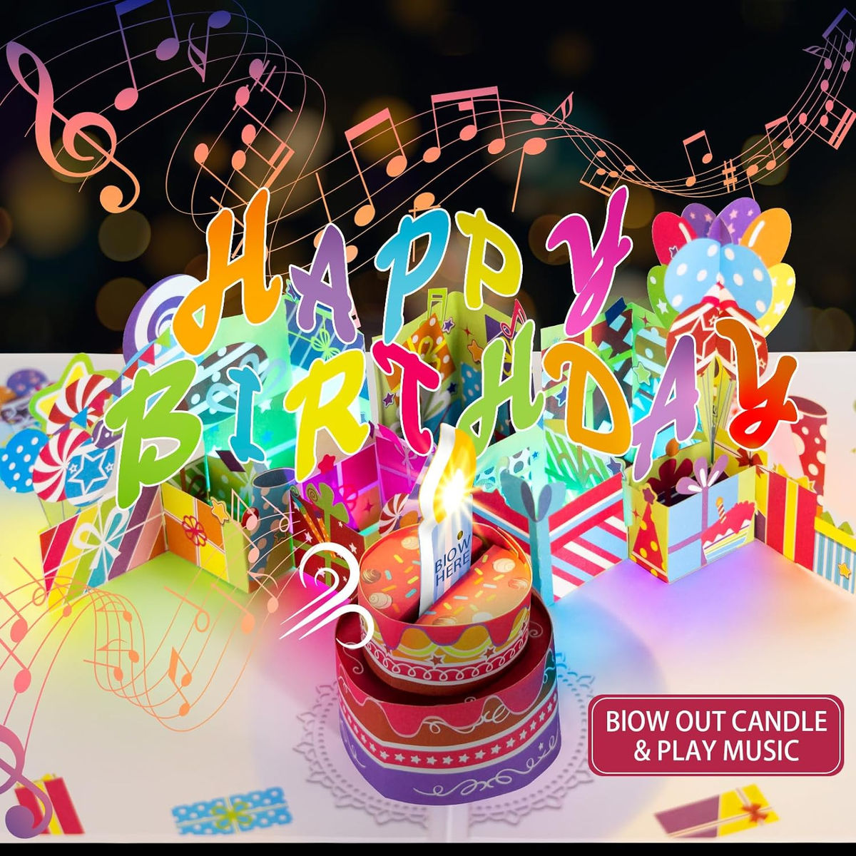 3D PopUp Birthday Cards, 1-100 Age Luxury Blowable Light Candle Cake Music Happy Birthday Card Postcards Greeting Cards Gifts for Women Man Mom Kids