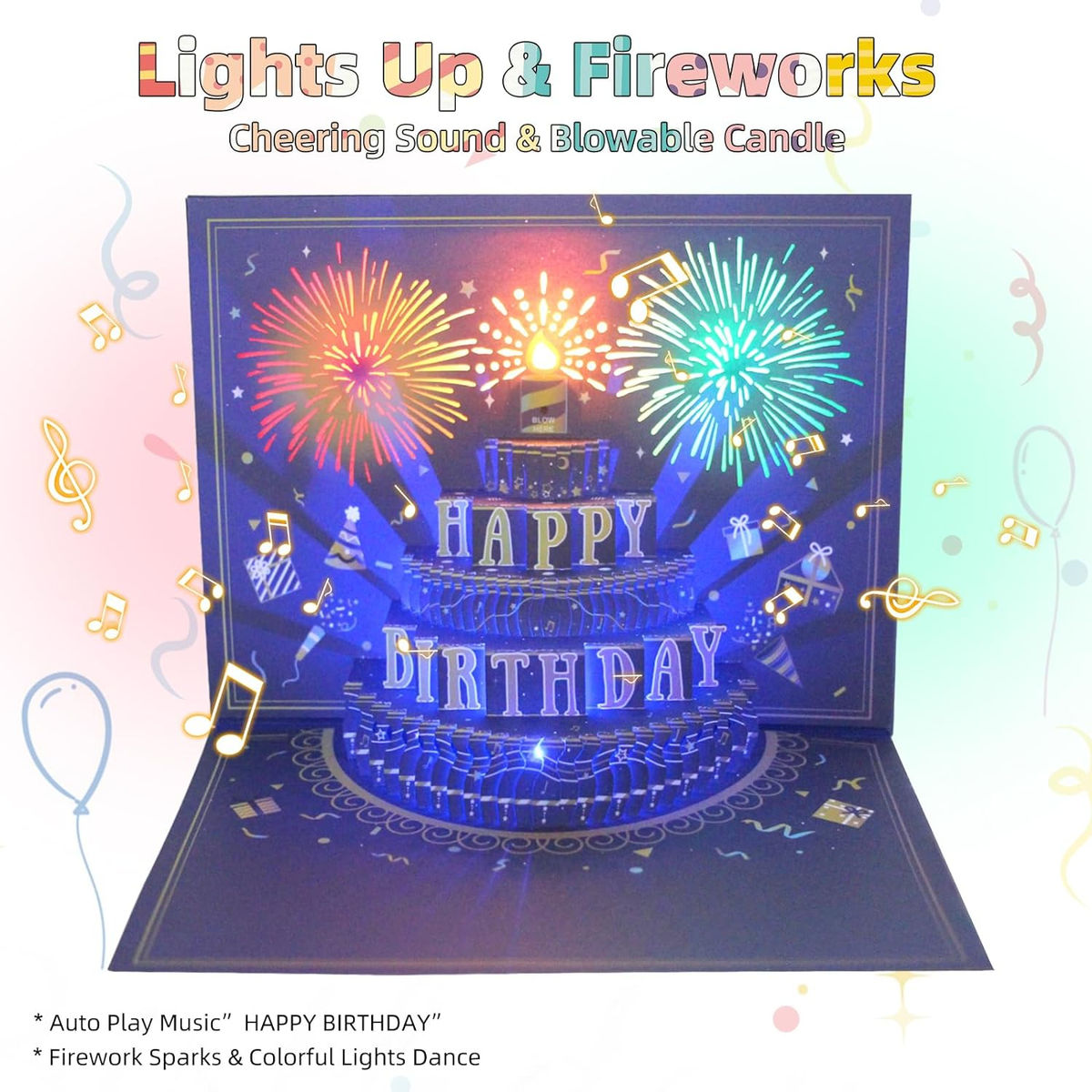 3D Pop Up Firework Birthday Cards, Musical & LED Lights Birthday Cards with Blowable Birthday Cake, Greeting Cards, Birthday Gifts for Mom Women Men Kids Child Dad Father Wife (Blue)